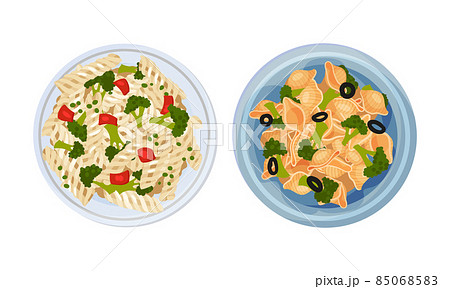 Cooked pasta dishes set. Top view of pasta with vegetables served on plates vector illustration 85068583