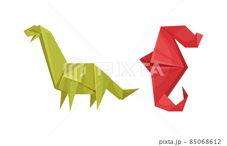 Color origami animals set. Dinosaur and frog Japanese origami folded toys vector illustration 85068612