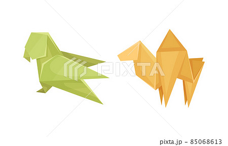 Color origami animals set. Parrot and camel Japanese origami folded toys vector illustration Color origami animals set. Parrot and camel Japanese origami folded toys vector illustration 85068613
