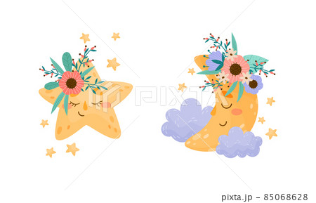 Cute crescent and star characters decorated with flowers set vector illustration 85068628