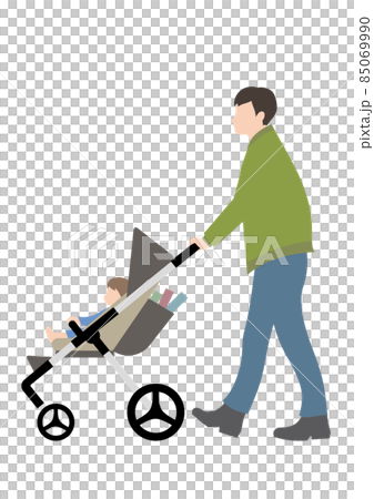 A baby and a man pushing a stroller containing a book (for the image of returning from the library or reading aloud) 85069990