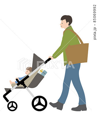 赤ちゃんと、水筒・哺乳瓶が入ったベビーカーを押す男性（散歩や買い物等のイメージに・表情あり） 85069992