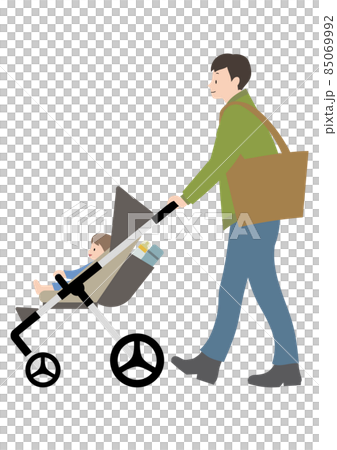 赤ちゃんと、水筒・哺乳瓶が入ったベビーカーを押す男性（散歩や買い物等のイメージに・表情あり） 85069992