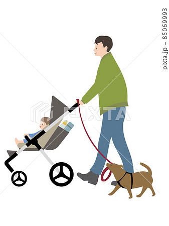 赤ちゃんと、水筒と哺乳瓶が入ったベビーカーを押しながら犬の散歩をする男性 赤ちゃんと、水筒と哺乳瓶が入ったベビーカーを押しながら犬の散歩をする男性 85069993