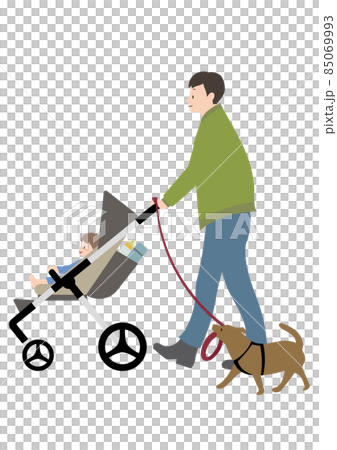 赤ちゃんと、水筒と哺乳瓶が入ったベビーカーを押しながら犬の散歩をする男性 赤ちゃんと、水筒と哺乳瓶が入ったベビーカーを押しながら犬の散歩をする男性 85069993