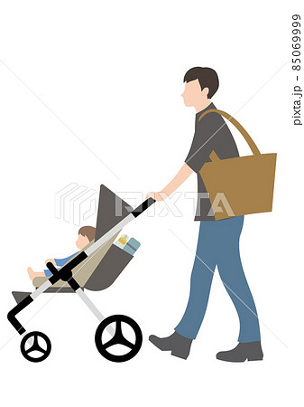 赤ちゃんと、水筒・哺乳瓶が入ったベビーカーを押す男性(散歩や買い物等のイメージに) 赤ちゃんと、水筒・哺乳瓶が入ったベビーカーを押す男性(散歩や買い物等のイメージに) 85069999