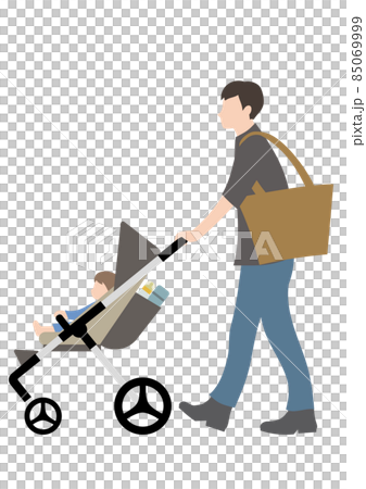 赤ちゃんと、水筒・哺乳瓶が入ったベビーカーを押す男性(散歩や買い物等のイメージに) 赤ちゃんと、水筒・哺乳瓶が入ったベビーカーを押す男性(散歩や買い物等のイメージに) 85069999