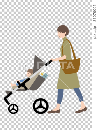 A baby and a woman pushing a stroller containing a water bottle / baby bottle (in the image of walking or shopping, there is a facial expression) 85070005