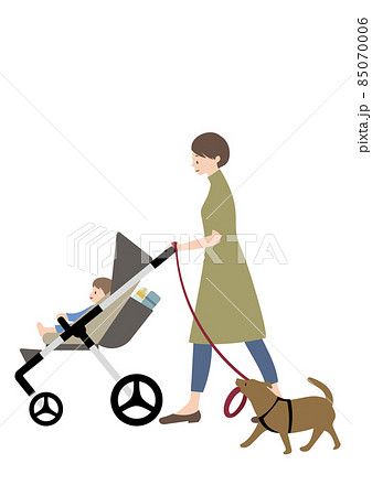 Baby pushing store dog in stroller