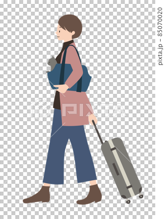 キャリーバッグに入れた猫と、スーツケースを運んでいる女性(帰省やペット旅行等のイメージに) キャリーバッグに入れた猫と、スーツケースを運んでいる女性(帰省やペット旅行等のイメージに) 85070020