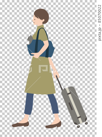 キャリーバッグに入れた猫と、スーツケースを運んでいる女性(帰省やペット旅行等のイメージに) キャリーバッグに入れた猫と、スーツケースを運んでいる女性(帰省やペット旅行等のイメージに) 85070022