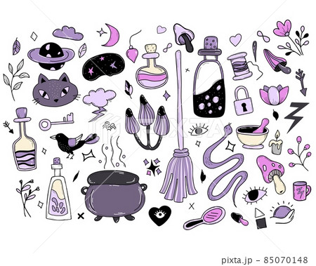 set of magic, witchcraft and occult items for witches. Amulets and ritual objects, cat and snake, love potion and magic mushrooms. Vector illustration. Isolated elements set of magic, witchcraft and occult items for witches. Amulets and ritual objects, cat and snake, love potion and magic mushrooms. Vector illustration. Isolated elements 85070148