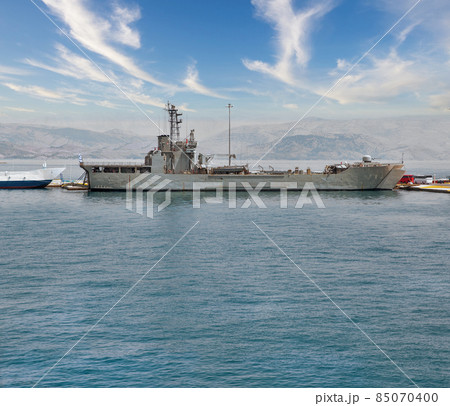 Hellenic Navy military ship moored in port. Corfu, Greece. 85070400