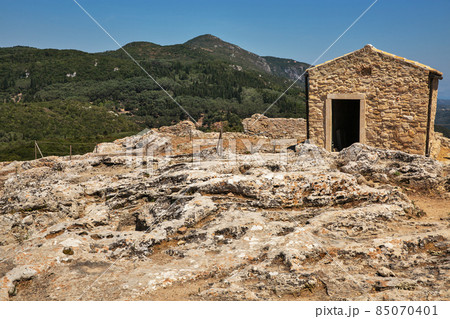 Ancient stone ruins in fortress Angelocastro, Corfu, Greece. 85070401
