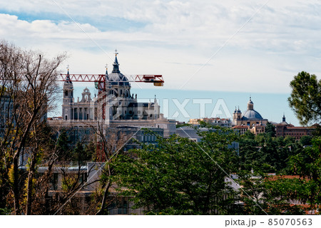 Cityscape of Madrid with Almudena Cathedral and Royal Palace, Spain 85070563
