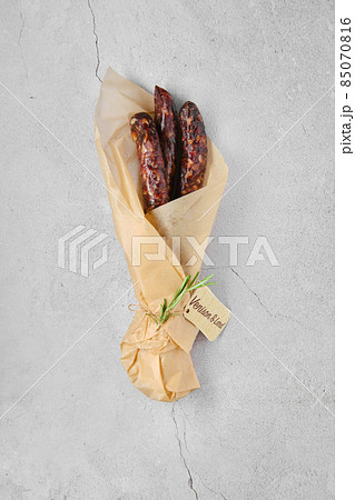Overhead view of dried sausage made of venison meat and lard Overhead view of dried sausage made of venison meat and lard 85070816