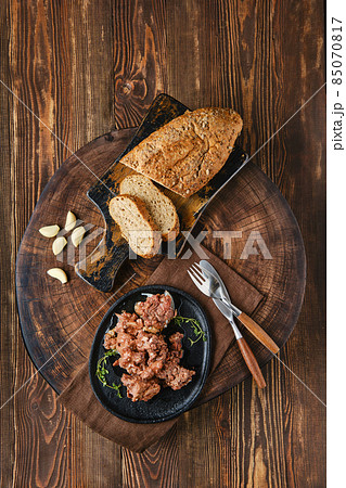 Overhead view of homemade canned deer stew meat 85070817