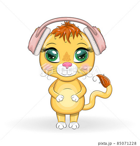 Cute cartoon Lion with headphones, listens to...のイラスト素材 [85071228] - PIXTA