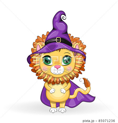 Cute cartoon leo with beautiful eyes, orange in a purple witch's hat and cloak, Halloween 85071236