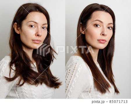 Woman before and after makeup. . The concept of transformation, beauty after applying makeup with a makeup artist. Result without retouching 85071713