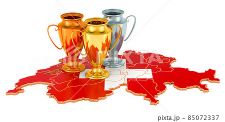 Trophy Cups on Swiss map. Sport Tournaments in Switzerland, concept. 3D rendering Trophy Cups on Swiss map. Sport Tournaments in Switzerland, concept. 3D rendering 85072337