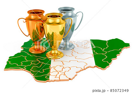 Trophy Cups on Nigerian map. Sport Tournaments in Nigeria, concept. 3D rendering 85072349