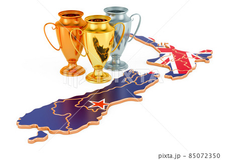 Trophy Cups on New Zealand map. Sport Tournaments in New Zealand, concept. 3D rendering 85072350