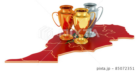 Trophy Cups on Moroccan map. Sport Tournaments in Morocco, concept. 3D rendering 85072351