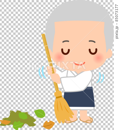 竹箒で落ち葉を掃くお寺の小僧さん 85073177
