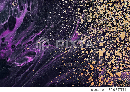 Fluid Art. Metallic gold spray and purple waves. Marble effect background or texture Fluid Art. Metallic gold spray and purple waves. Marble effect background or texture 85077551