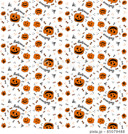 Pattern of halloween angry faces pumpkins, bones and sweets with lettering text 85079488