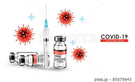 Anti Coronavirus disease COVID-19 infection medical vaccine with copy space. New official name for Coronavirus disease named COVID-19, Bottle vial and syringe isolated, vector illustration 85079945