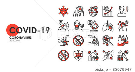 Set of Coronavirus disease COVID-19 Protection Related Vector Line Icons. Such as Covid-19 prevention, Coronavirus Symptoms, Covid outbreak, Social distancing, vector icon 85079947