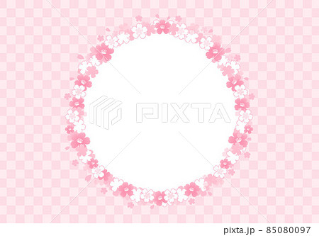 イラスト素材 桜柄の円フレーム 横位置 背景 ピンク色市松模様 のイラスト素材