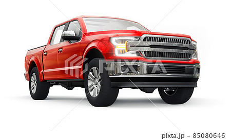 A large modern pickup truck with a double cab, glowing headlights on a white uniform background. 3d rendering. 85080646