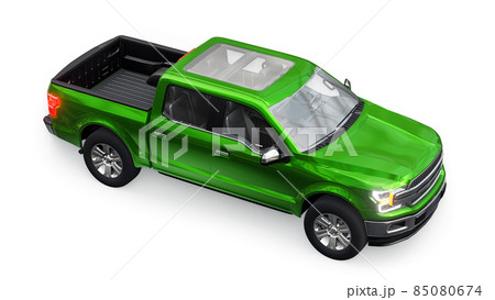 A large blue modern pickup truck with a double cab, glowing headlights on a white uniform background. 3d rendering. 85080674