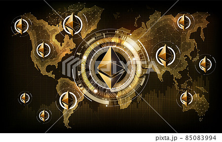 Ethereum digital currency on world map, futuristic digital money, gold technology worldwide network concept, vector illustration Ethereum digital currency on world map, futuristic digital money, gold technology worldwide network concept, vector illustration 85083994