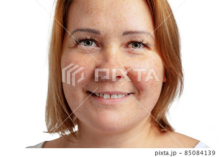 Close-up portrait of woman. Female face without makeup. Anti-aged cosmetology, well-kept skin, medicine and health. Close-up portrait of woman. Female face without makeup. Anti-aged cosmetology, well-kept skin, medicine and health. 85084139