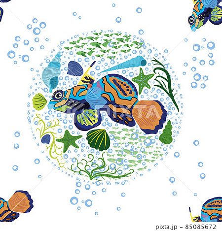 Mandarin fish seamless patterns. beautiful character among seashells, seaweed, starfish, sea animal wildlife character. Nature underwater, marine wild ocean zoo fish 85085672