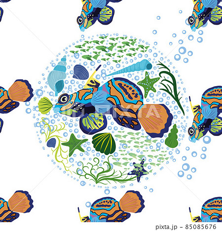 Mandarin fish seamless patterns. beautiful character among seashells, seaweed, starfish, sea animal wildlife character. Nature underwater, marine wild ocean zoo fish 85085676
