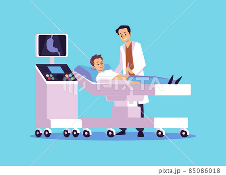 Ultrasound stomach scan of young male lying on hospital wheel bed. Doctor examines man patient's abdomen. 85086018