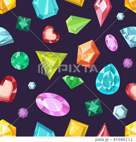 Cartoon jewel gem stones, quartz and diamonds seamless pattern. Print with fashion gemstones shapes. Jewelry sparkle crystals vector texture 85086111