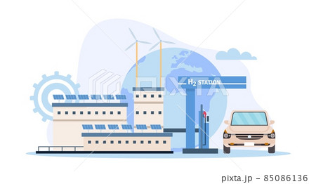 Flat hydrogen fuel factory, gas station and car. Ecologic renewable energy generation by PEM water electrolysis. Hydrogen vector concept 85086136