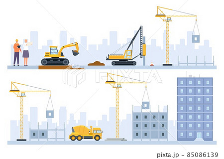 Flat houses construction process stages with building machinery. Engineers, excavator and crane build. Real estate industry vector concept 85086139