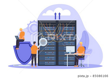System administrator, server maintain, support and security concept. Cloud network storage technology, sysadmin fixing servers vector banner 85086166