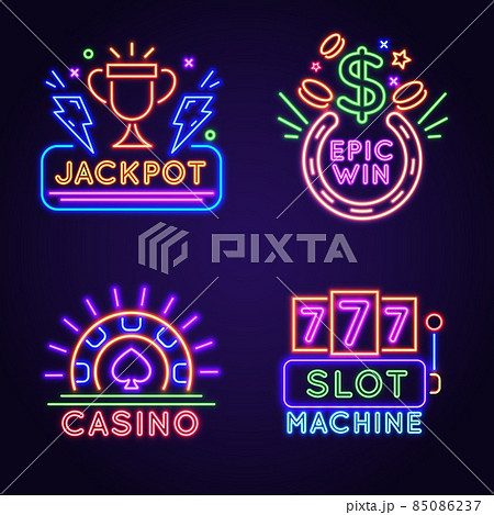 Casino vegas street wall neon game winning sign. 777 gambling slot machine. Glowing lucky jackpot banner with trophy. Casino icon vector set Casino vegas street wall neon game winning sign. 777 gambling slot machine. Glowing lucky jackpot banner with trophy. Casino icon vector set 85086237