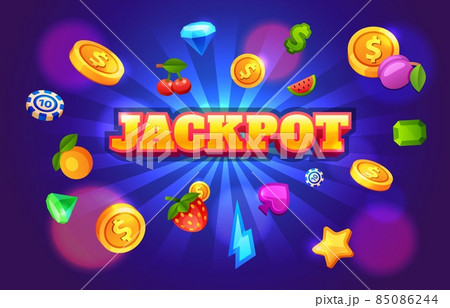 Gambling slot machine winning background with casino symbols. 777 game jackpot screen with flying coins. Cartoon money prize vector concept Gambling slot machine winning background with casino symbols. 777 game jackpot screen with flying coins. Cartoon money prize vector concept 85086244