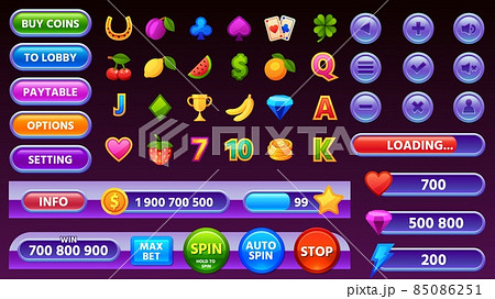 Casino game user interface menu, icons and buttons. Cartoon mobile gamble slot machine gui elements, progress bar and coin panel vector set Casino game user interface menu, icons and buttons. Cartoon mobile gamble slot machine gui elements, progress bar and coin panel vector set 85086251