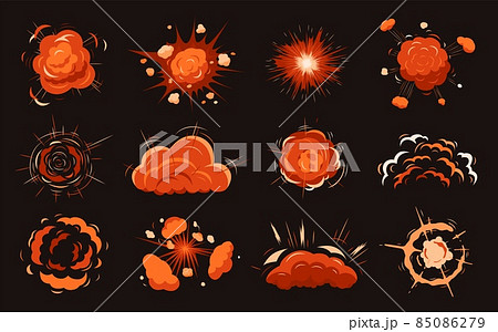 Cartoon fire explosion. War bomb, blast effects gaming. Dynamite explosions, bright red clouds. Comic style elements, big boom and smoke recent vector set 85086279