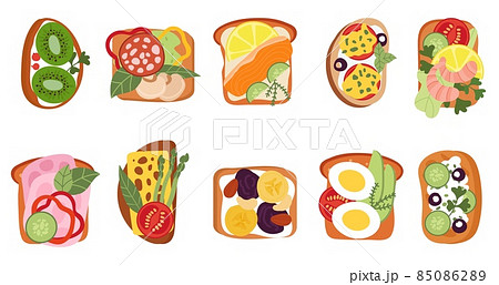 Fresh sandwiches top view. Toast bread, tasty lunch or breakfast. Healthy vegetables and fruits toasts, cheese avocado and sausage slices, decent vector set 85086289